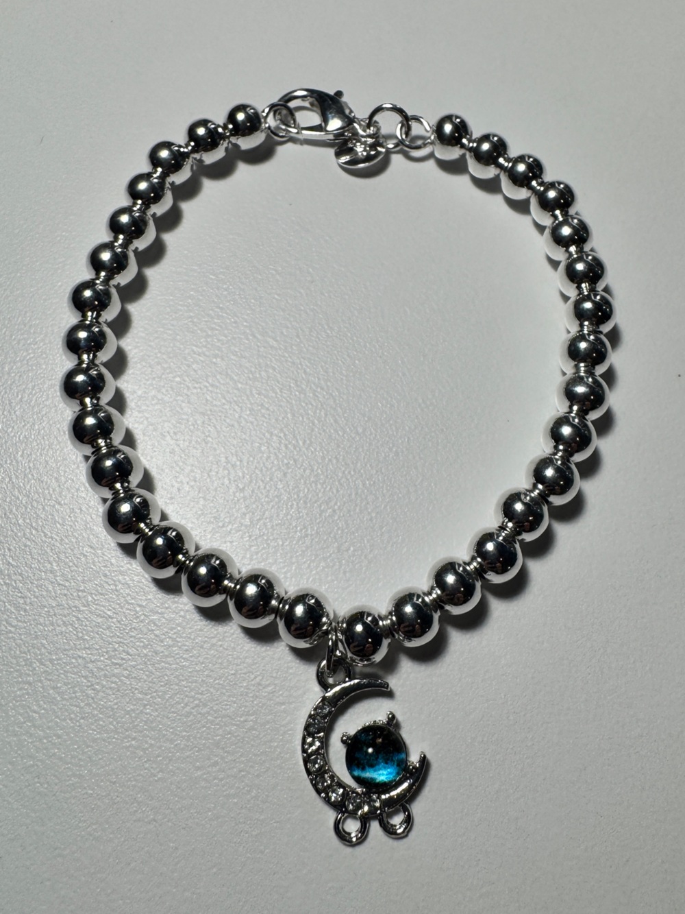 925 Sterling Silver plated Ball Bead Bracelet with Blue Moon Charm